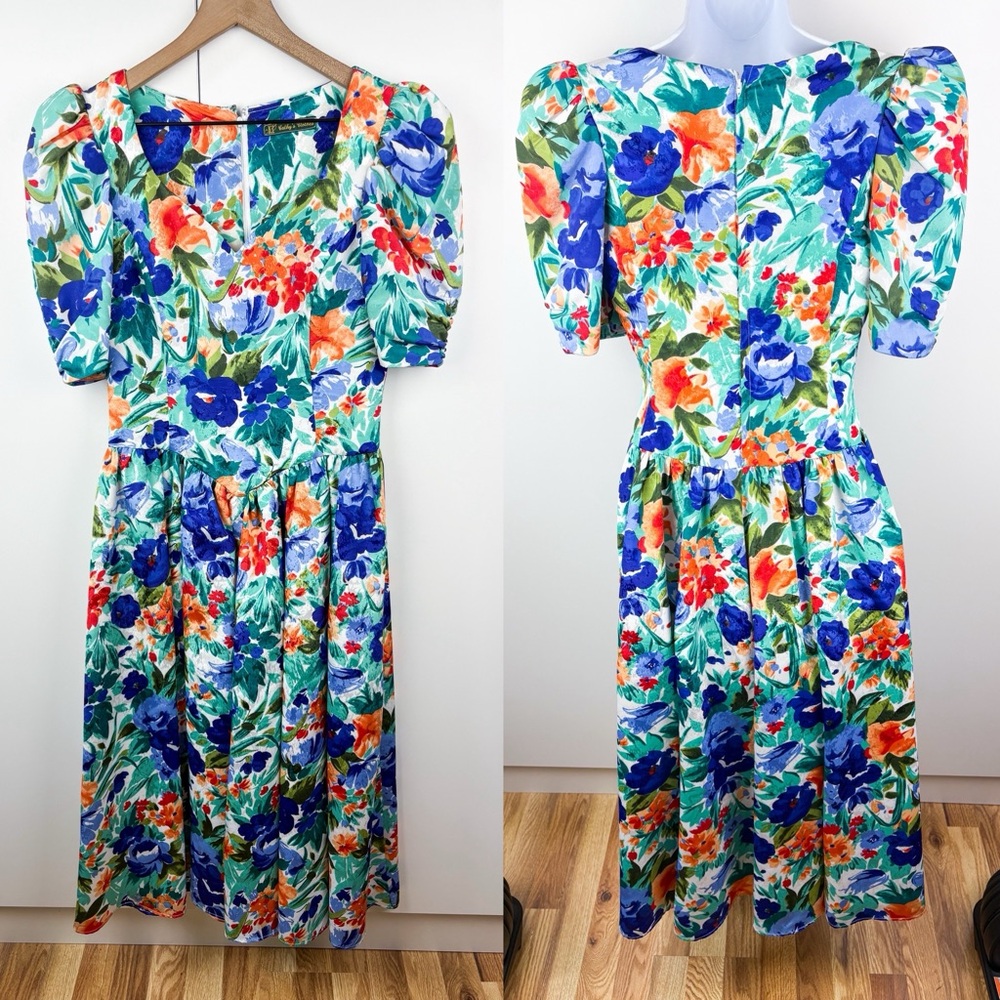 Vintage 80s Floral Basque Waist Pleated Puff Sleeve Midi Dress Golden Girls Blue - Picture 2 of 9